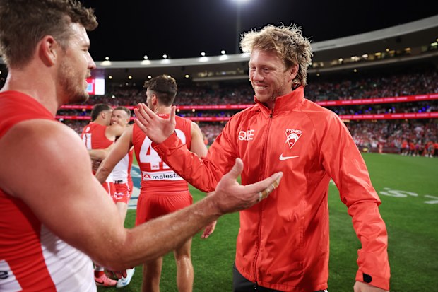 Callum Mills of the Swans celebrated their prelim win, after watching on from the sidelines.