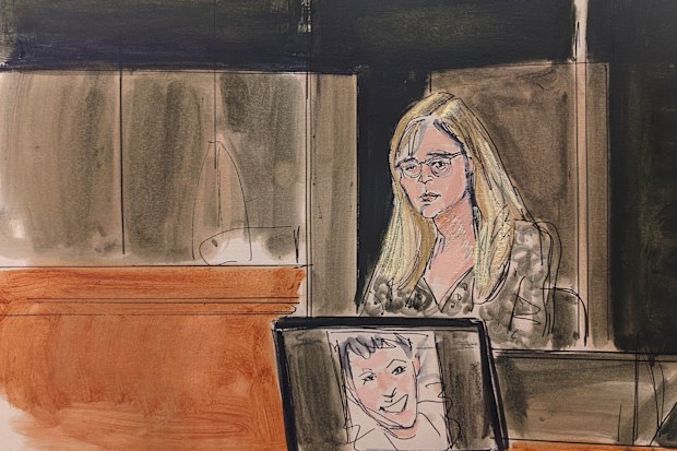 In this courtroom sketch, Annie Farmer testifies on the witness stand during the Ghislaine Maxwell sex abuse trial. 