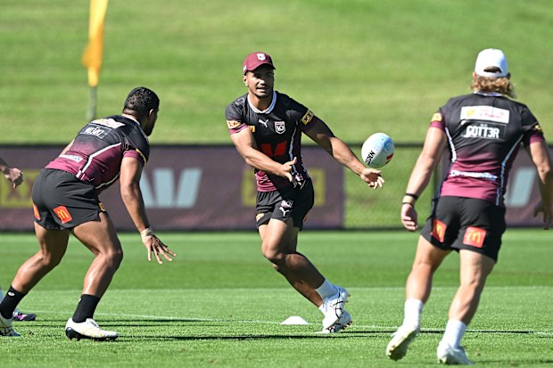 Robert Toia training with his new Maroons teammates.