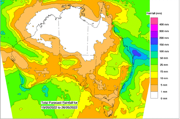 Rainfall forecast from the 19th to the 26 of May shows parts of Queensland and NSW could receive more heavy rainfall.