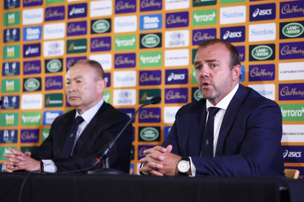 Rugby Australia CEO Andy Marinos (right) speaks to the media during a press conference.