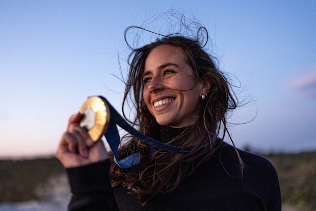 Australian Olympic Gold Medallist Noemie Fox poses during a portrait session at Lincoln's Rock on August 28, 2024 in Wentworth Falls, Australia. Fox won gold in the inaugural Olympic Games kayak cross event in Paris during the 2024 Paris Olympic Games.