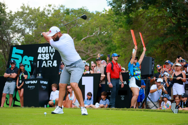 Captain Jon Rahm of Legion XIII plays his shot from the first tee during day three of the LIV Golf Invitational - Mayakoba at El Camaleon at Mayakoba on February 04, 2024 in Playa del Carmen, . (Photo by Manuel Velasquez/Getty Images)