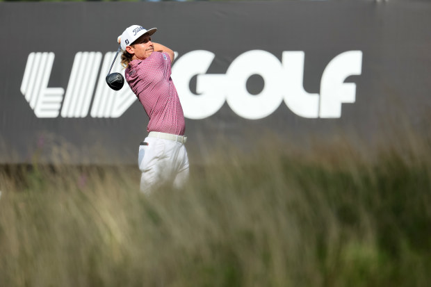 Cameron Smith of Australia hits his tee shot on the 16th hole during the final round of the LIV Golf Invitational - Boston at The Oaks golf course at The International on September 04, 2022 in Bolton, Massachusetts. (Photo by Andy Lyons/Getty Images)