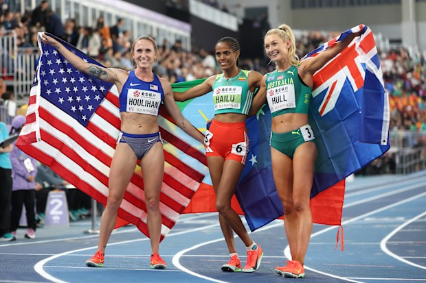 From left: American silver medallist Shelby Houlihan, Ethiopian gold medallist Freweyni Hailu, and Australian bronze medallist Jessica Hull.