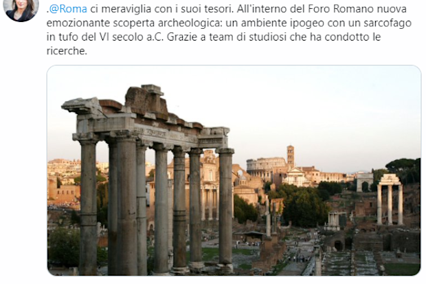 Mayor Virginia Raggi tweeted her excitement about the new Roman Forum discovery.