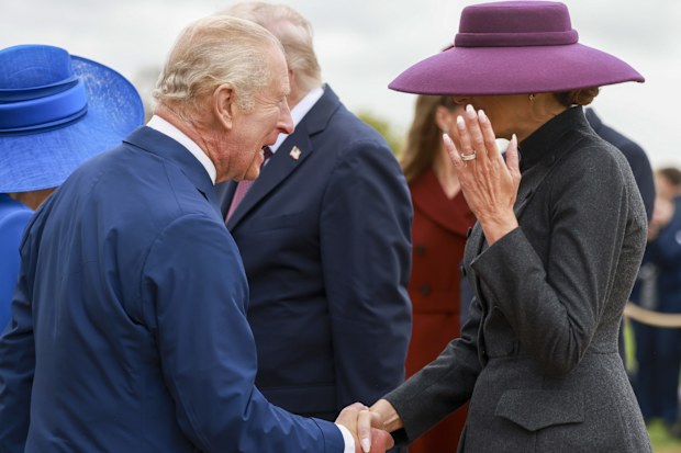First Lady Melania Trump is welcomed by King Charles on the Windsor Castle estate on Wednesday 17th September 2025