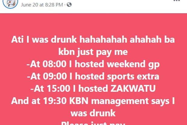 Kabinda Kalimina took to Facebook to deny his outburst was due to drunken behaviour. 