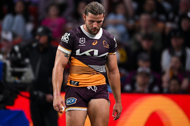 A dejected Patrick Carrigan during the Broncos' clash with the Storm in round 27.