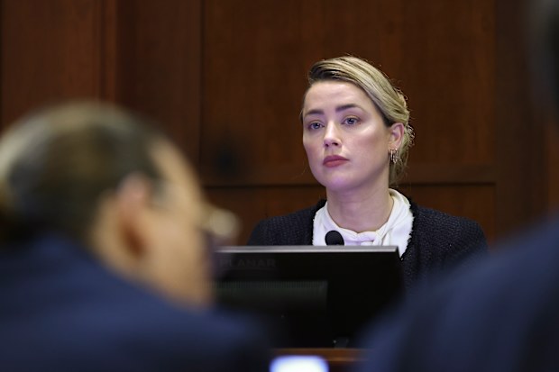 US actress Amber Heard reacts on the stand during the 50 million US dollar Depp vs Heard defamation trial at the Fairfax County Circuit Court in Fairfax, Virginia, USA, 05 May 2022. 