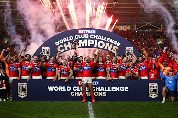 HULL, ENGLAND - FEBRUARY 19: Hull Kingston Rovers lift the World Club Challenge Trophy after winning the World Club Challenge match between Hull KR and Brisbane Broncos at MKM Stadium on February 19, 2026 in Hull, England. (Photo by Freddie Yeo/MB Media/Getty Images)