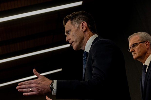 Premier of New South Wales Chris Minns,   Attorney General Michael Daley, appear during a press conference at NSW Parliament , Friday, 19 December 2025.