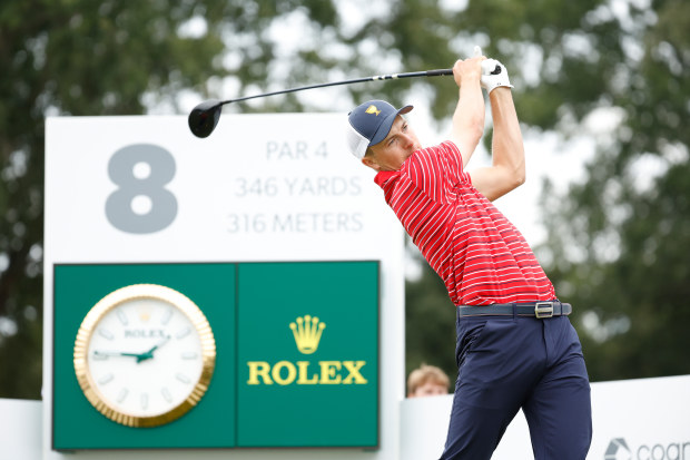 Jordan Spieth of the United States Team plays his shot from the eighth tee during Sunday singles matches on day four of the 2022 Presidents Cup at Quail Hollow Country Club on September 25, 2022 in Charlotte, North Carolina. (Photo by Jared C. Tilton/Getty Images)