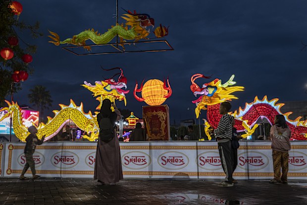 People taking pictures in front of dragon lanterns 