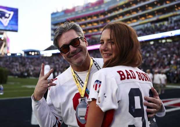 Jon Hamm on the sideline before Bad Bunny performs in the Apple Music Halftime Show during the NFL Super Bowl 60 football game between the Seattle Seahawks and the New England Patriots, at Levi's Stadium on February 8, 2026 in Santa Clara, California. 