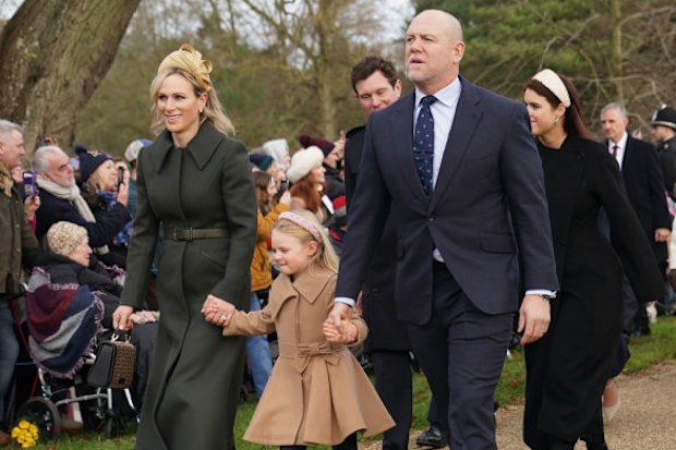 (left to right) Zara Tindall, Lena Tindall, Jack Brooksbank (hidden), Mike Tindall, Princess Eugenie, the Princess Royal and Vice Admiral Sir Tim Laurence attending the Christmas Day morning church service at St Mary Magdalene Church in Sandringham, Norfolk. Monday December 25, 2023. 