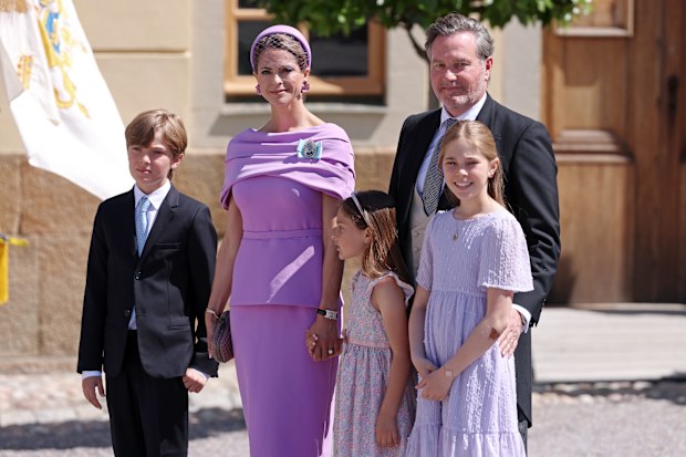 STOCKHOLM, SWEDEN - JUNE 13: Prince Nicolas of Sweden, Princess Madeleine of Sweden, Princess Adrienne of Sweden, Christopher O'Neill and Princess Leonore of Sweden leave after the christening of Princess Ines of Sweden at the Drottningholm Palace Chapel on June 13, 2025 in Stockholm, Sweden.  (Photo by Michael Campanella/Getty Images)