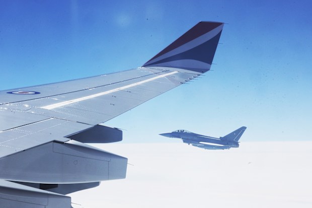 A view of the German Eurofighter Jet Escort with the RAF Voyager Royal Flight with King Charles III and Camilla, Queen Consort on route to Berlin Brandenburg Airport on March 29, 2023 in Berlin, Germany. 