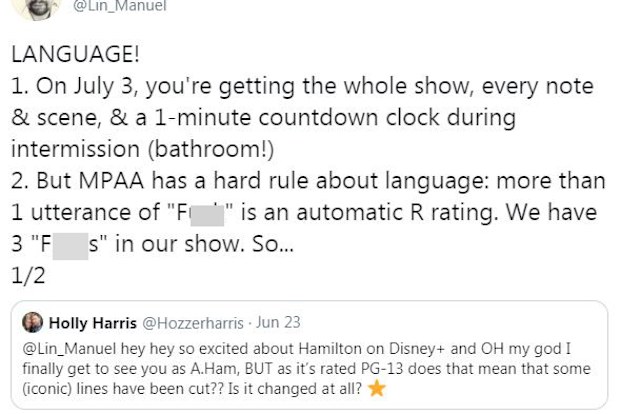 Lin-Manuel Miranda, tweet, Hamilton, censored, Disney Plus
