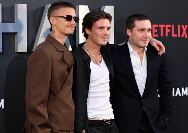 LONDON, ENGLAND - OCTOBER 03: Romeo Beckham, Cruz Beckham and Brooklyn Beckham attend the "Beckham" Premiere at The Curzon Mayfair on October 03, 2023 in London, England. (Photo by Kate Green/Getty Images)