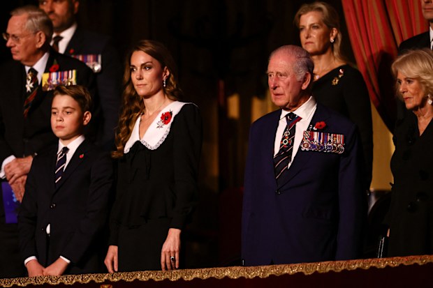LONDON, ENGLAND - NOVEMBER 8: Britain's King Charles III, Queen Camilla, Prince George, Catherine, Princess of Wales, Sophie, Duchess of Edinburgh, and Prince Richard, Duke of Gloucester stand during the Royal British Legion Festival of Remembrance, an annual event honouring military service members, which holds special significance in 2025 as it marks the 80th anniversary of the end of World War Two, at the Royal Albert Hall on November 8, 2025 in London, England. (Photo by Jack Taylor - WPA Po