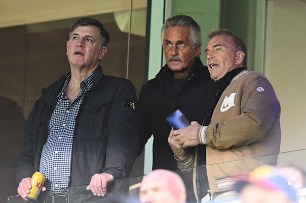 BRISBANE, AUSTRALIA - MAY 08: Kevin Costner is seen during the round nine AFL match between Brisbane Lions and Carlton Blues at The Gabba, on May 08, 2026, in Brisbane, Australia. (Photo by Albert Perez/Getty Images)
