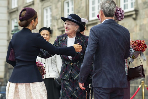 COPENHAGEN, DENMARK - OCTOBER 7: (L-R) Queen Mary of Denmark, Queen Margrethe of Denmark and King Frederik X attend the Parliament Opening at Christiansborg Palace on October 7, 2025 in Copenhagen, Denmark. (Photo by Martin Sylvest Andersen/Getty Images)
