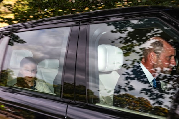 Prince William, Prince of Wales and Princess Charlotte of Wales arrive by car at Crathie Kirk, August 2025