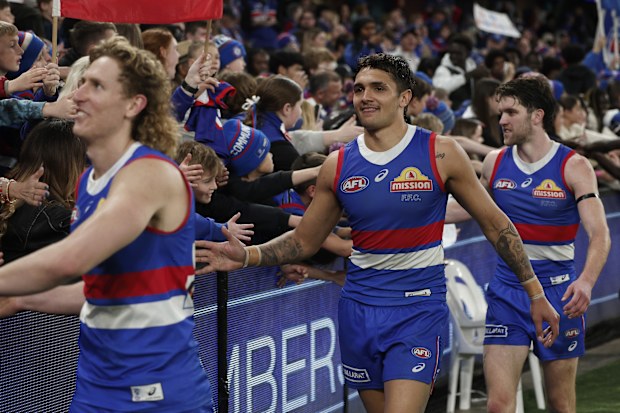Jamarra Ugle-Hagan celebrates with fans in round 23, 2024.
