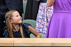 Princess Charlotte of Wales and Catherine, Princess of Wales court-side of Centre Court during the men's final on day fourteen of the Wimbledon Tennis Championships at the All England Lawn Tennis and Croquet Club on July 14, 2024 in London 