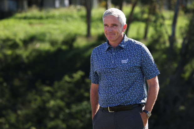 Jay Monahan, PGA TOUR Commissioner, looks on during the trophy ceremony after the final round of the Sentry Tournament of Champions at Plantation Course at Kapalua Golf Club on January 08, 2023 in Lahaina, Hawaii. (Photo by Harry How/Getty Images)