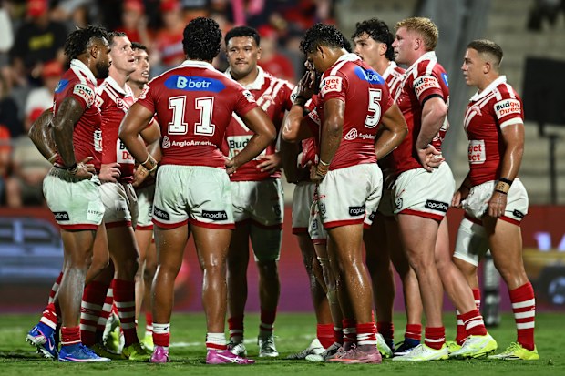 BRISBANE, AUSTRALIA - APRIL 02: Dolphins react after a Sea Eagles try during the round five NRL match between Dolphins and Manly Sea Eagles at Kayo Stadium, on April 02, 2026, in Brisbane, Australia. (Photo by Albert Perez/Getty Images)