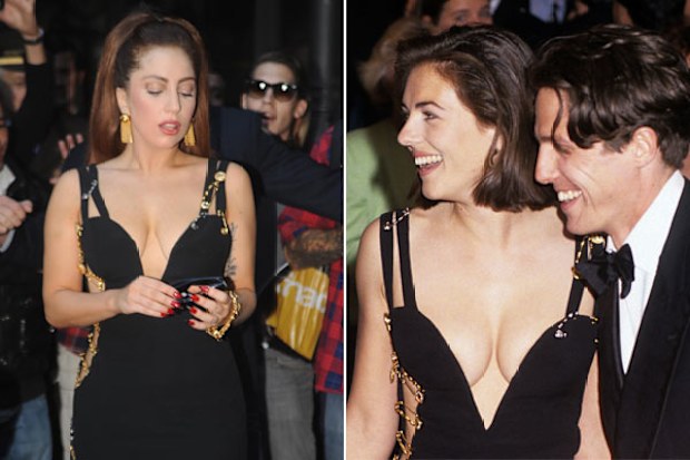 lady gaga liz hurley dress Lady Gaga copies Liz Hurley's iconic Versace safety pin dress