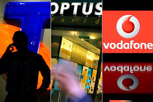 Telstra, Optus and Vodafone logos