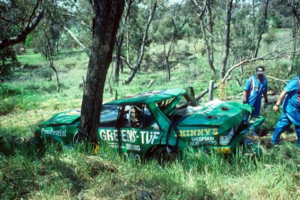 Dick Johnson's car in-situ after his enormous crash during the Hardies Heroes ahead of the 1983 Bathurst 1000.
