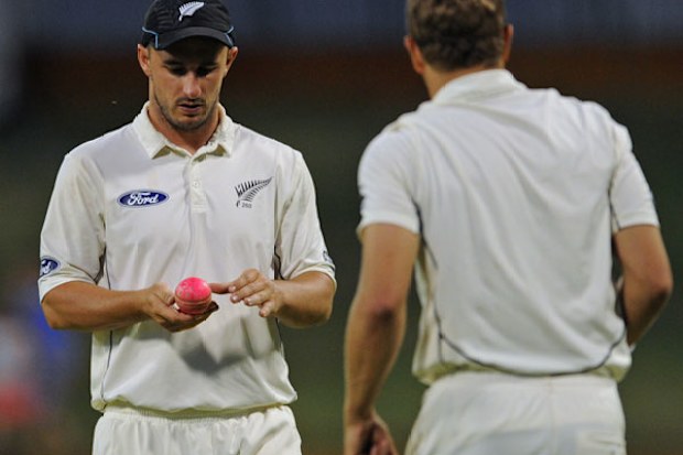 New Zealand players inspect the pink ball. (AFP)