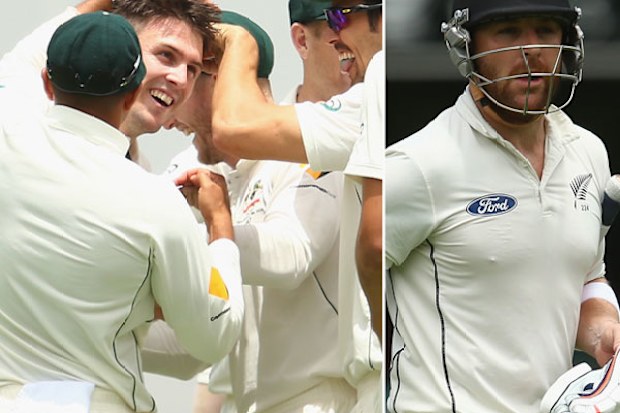 Mitch Marsh (L) celebrates Brendon McCullum's wicket. (Getty)