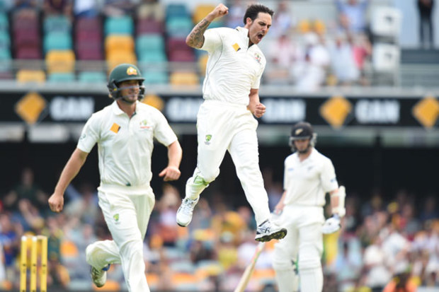 Mitchell Johnson celebrates his dismissal of Ross Taylor. (AAP)