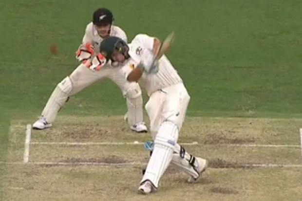 Joe Burns notches his maiden Test century with a six. (Supplied)