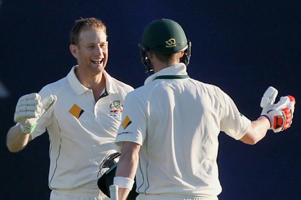 Adam Voges and Steve Smith celebrate at the end of play. (AAP)