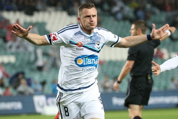 Besart Berisha celebrates one of his two goals. (AAP)
