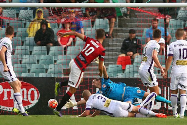 Dario Vidosic scores the winning goal against the Glory. (Getty)
