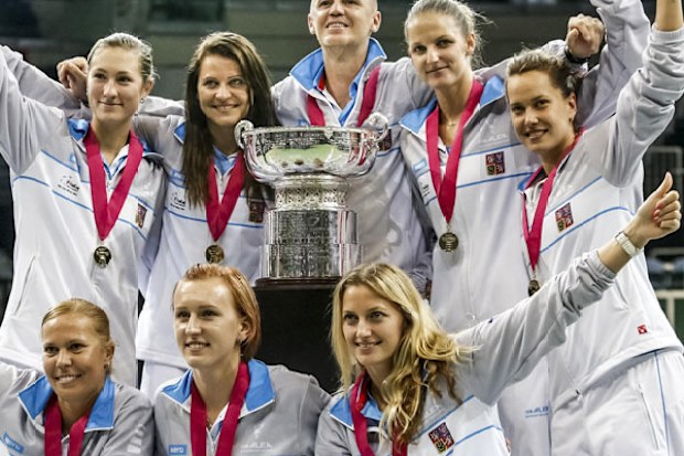 The Czech players celebrate their Fed Cup triumph. (Getty)