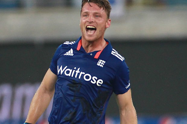 Jos Butler celebrates hitting the fastest one-day hundred by an Englishman. (Getty)