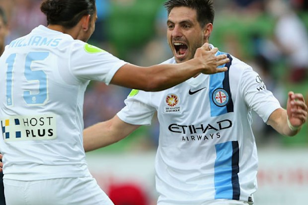 Bruno Fornaroli (R) celebrates one of his two goals for City. (Getty)
