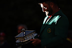 AUGUSTA, GEORGIA - APRIL 09: Jon Rahm of Spain celebrates with the Masters trophy during the Green Jacket Ceremony after winning the 2023 Masters Tournament at Augusta National Golf Club on April 9, 2023 in Augusta, Georgia. (Photo by Patrick Smith/Getty Images)