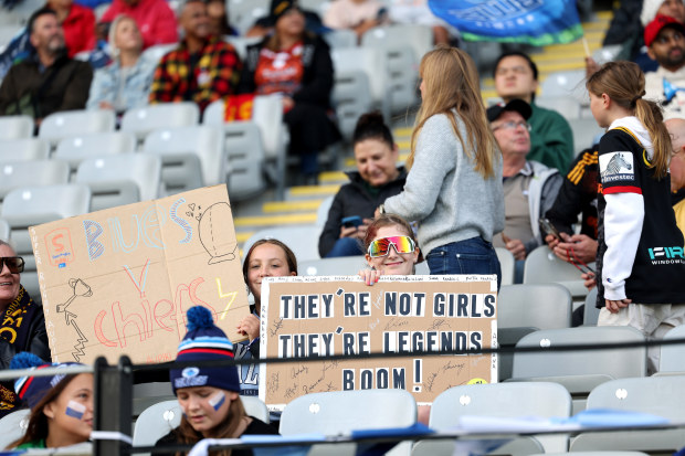 Fans celebrate during the Super Rugby Aupiki final between the Blues and the Chiefs Manawa at Eden Park.