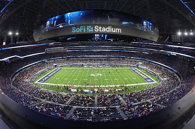 INGLEWOOD, CA - NOVEMBER 23: A fisheye, elevated view of SoFi stadium prior to an NFL game between the Tampa Bay Buccaneers and the Los Angeles Rams on November 23, 2025, at SoFi Stadium in Inglewood, CA.  (Photo by Greg Fiore/Icon Sportswire via Getty Images)