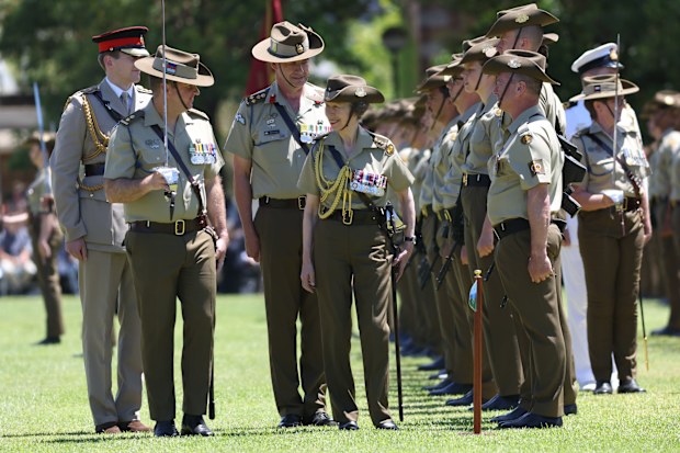 Her Royal Highness Princess Anne inspects the Centenary Parade at Victoria Barracks in Sydney, New South Wales, Sunday, November 9th, 2025. Princess Anne is visiting Australia to mark the Centenary of the Royal Australian Corps of Signals. (AAP Image/Damian Shaw) NO ARCHIVING
