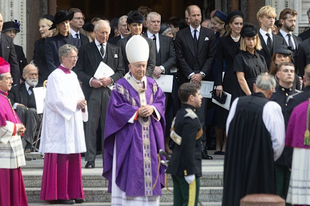 LONDON, UNITED KINGDOM - SEPTEMBER 16:  King Charles III, Prince of Wales William, Princess of Wales Catherine and Prince Andrew leave Requiem Mass service for the Duchess of Kent, at Westminster Cathedral, in London, United Kingdom on September 16, 2025.This is the first Catholic funeral service held for a member of the royal family in modern British history. Katharine, the wife of the late Queen's cousin the Duke of Kent, converted to Catholicism in 1994. (Photo by Ilyas Tayfun Salci/Anadolu v